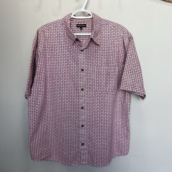 Markham | Red Geometric Print Short Sleeve Button Shirt Men’s Large - Picture 2 of 5